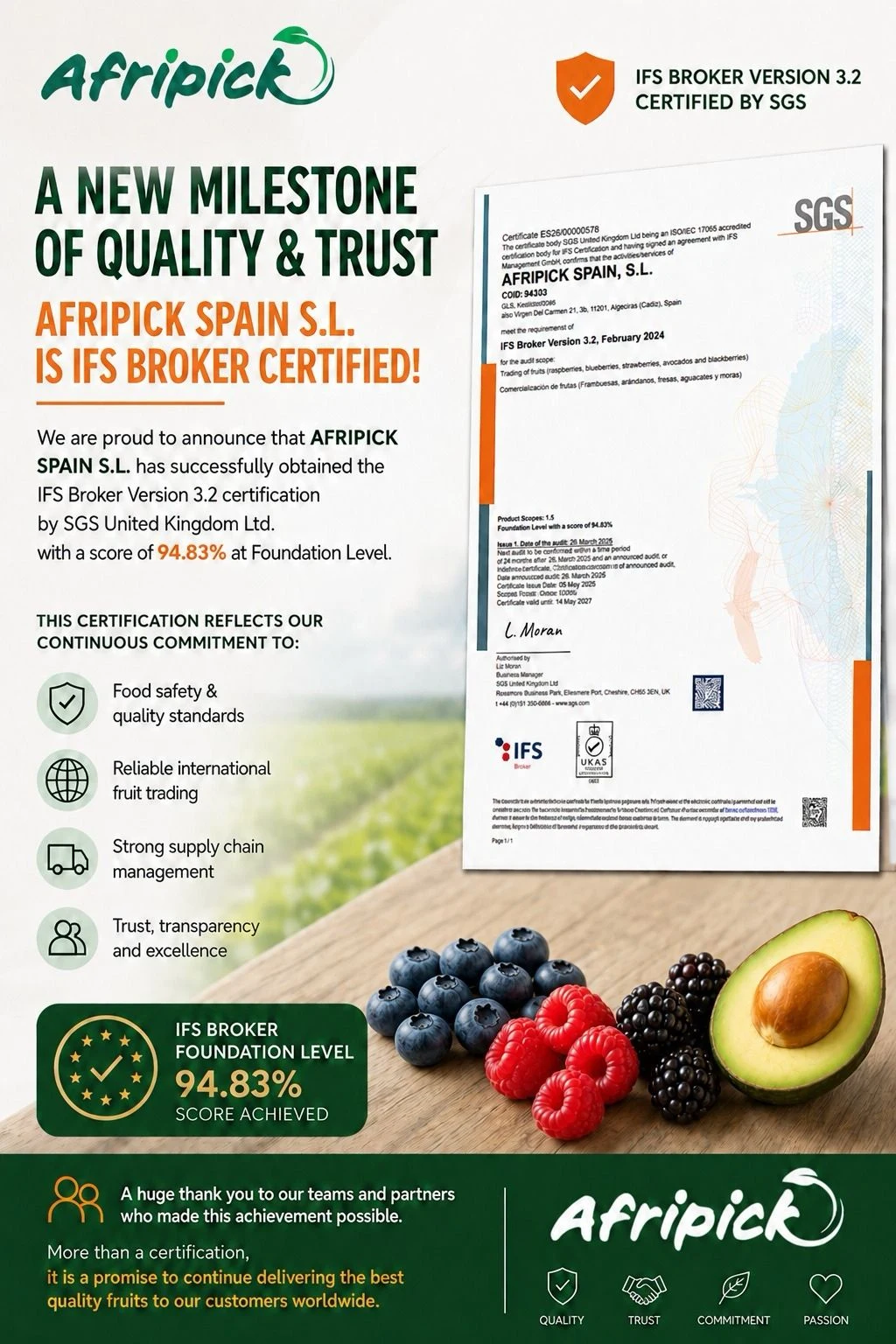 Afripick Spain announces IFS Broker certification